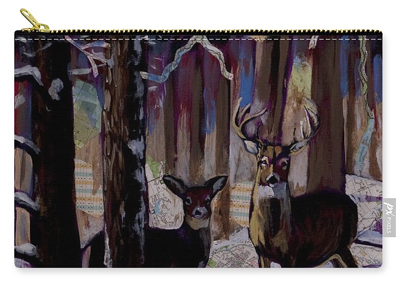 Snow Zip Pouch featuring the painting Two deer in snow in woods by Tilly Strauss