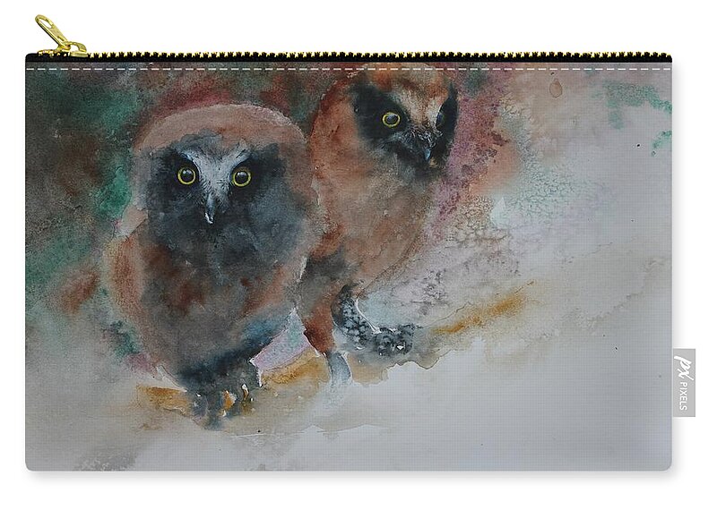 Owls Zip Pouch featuring the painting Two Hoots by Ruth Kamenev