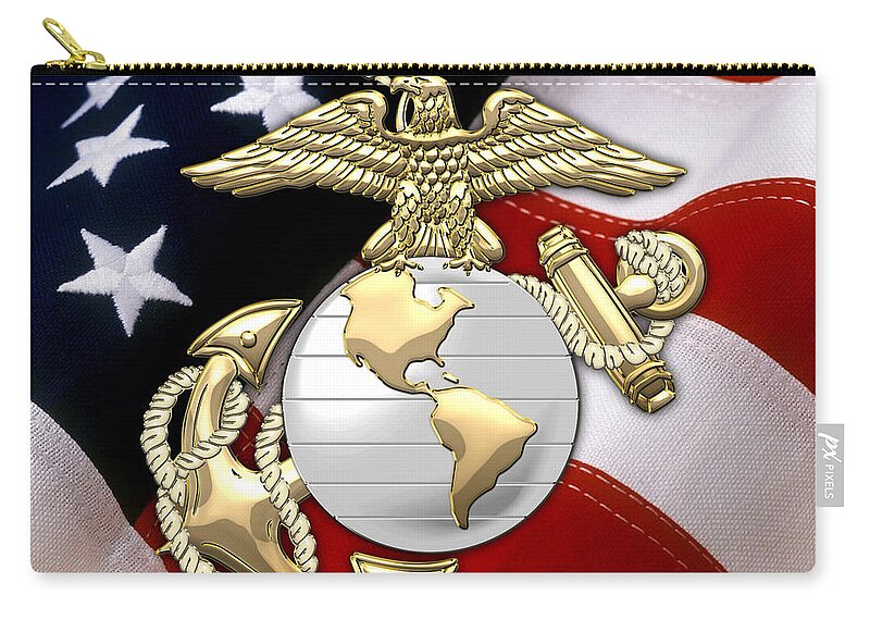 'military Insignia & Heraldry 3d' Collection By Serge Averbukh Zip Pouch featuring the digital art U. S. Marine Corps - U S M C Eagle Globe and Anchor over American Flag. by Serge Averbukh