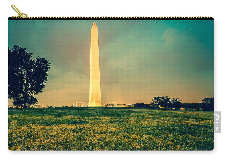 Wind Zip Pouch featuring the photograph Usa Flag At The Washington Monument by Franckreporter