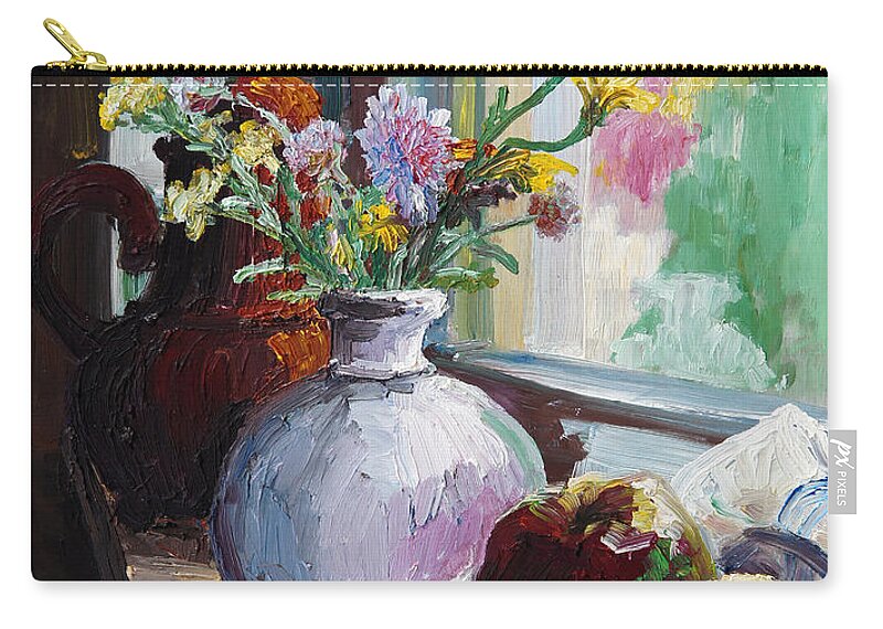 Barbara Pommerenke Zip Pouch featuring the painting Uta's Posy by Barbara Pommerenke