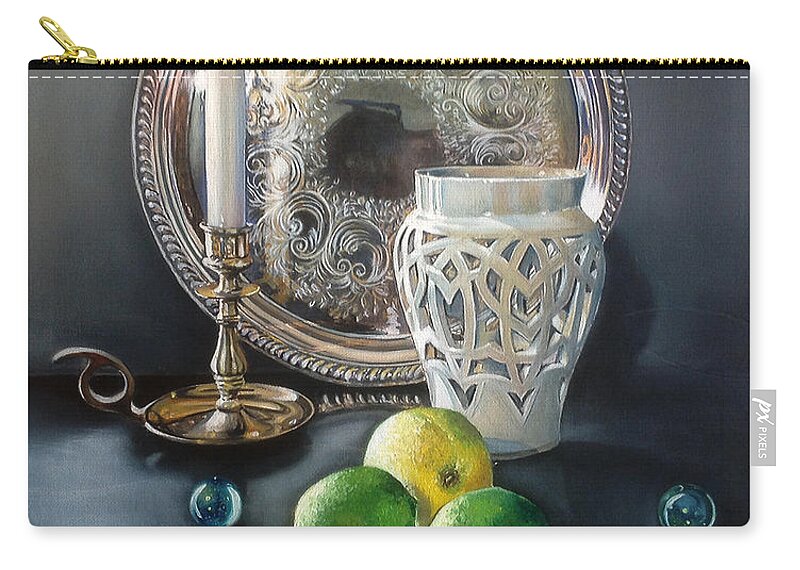 Art Zip Pouch featuring the painting Vanitas Still Life by Candlelight with Limes 2 by Carolyn Coffey Wallace
