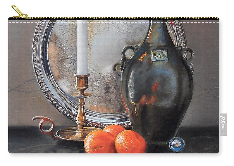 Art Zip Pouch featuring the painting Vanitas Still Life by Candlelight with Clementines 1 by Carolyn Coffey Wallace