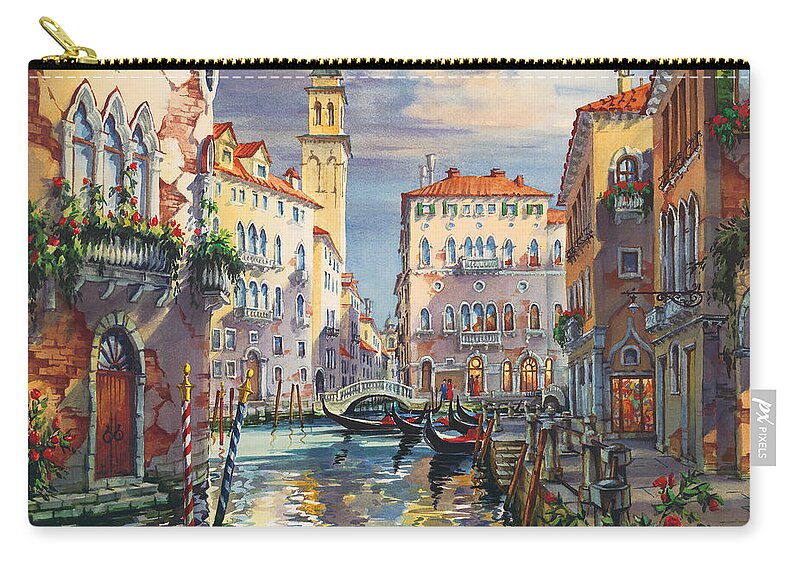 Venetian Canal Zip Pouch featuring the painting Venice before sunset by Maria Rabinky