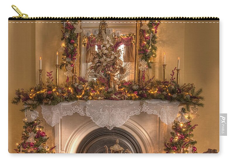 Inside; Indoors; Interior; Christmas; Wood; Rug; Victorian; Decorations; Ornaments; Lights; Seasonal; Season; Holiday; Table; Chairs; Tea; Tea Set; Cup; Saucer; Mirror; Fireplace; Still Life; Garland; Candles; Lights; Decore Zip Pouch featuring the photograph Victorian Christmas by the Fire by Margie Hurwich