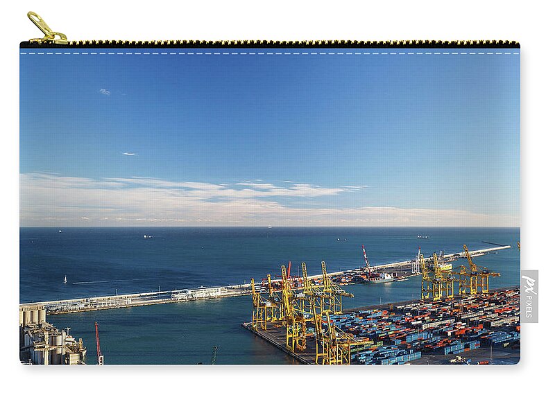 Catalonia Zip Pouch featuring the photograph View Of Commercial Port, Barcelona by Cultura Exclusive/quim Roser