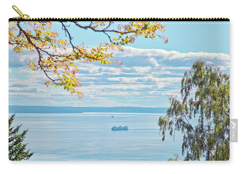 Tranquility Zip Pouch featuring the photograph View Of Ferry On Puget Sound by Mel Curtis