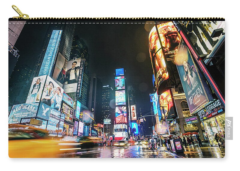 Scenics Zip Pouch featuring the photograph View Of Neon Signs And Traffic In Times by Cultura Rm Exclusive/christoffer Askman