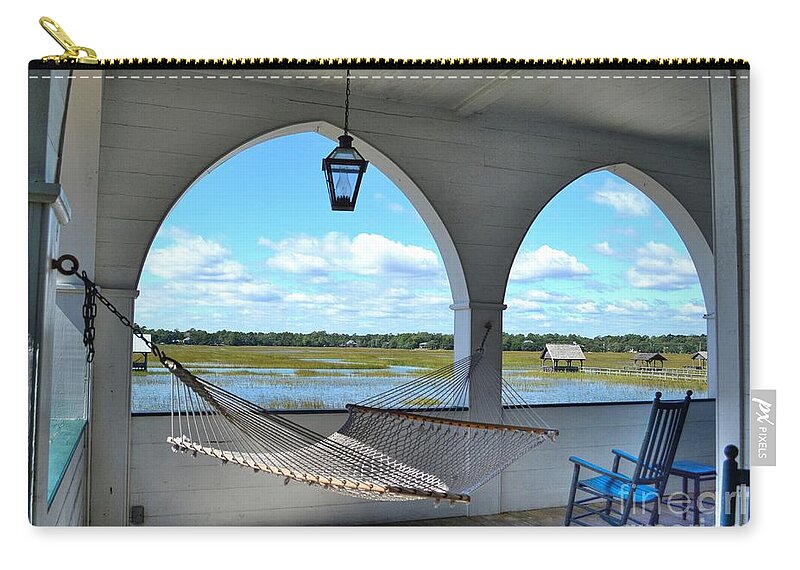 Scenic Zip Pouch featuring the photograph View Of The Marsh From The Pelican Inn by Kathy Baccari