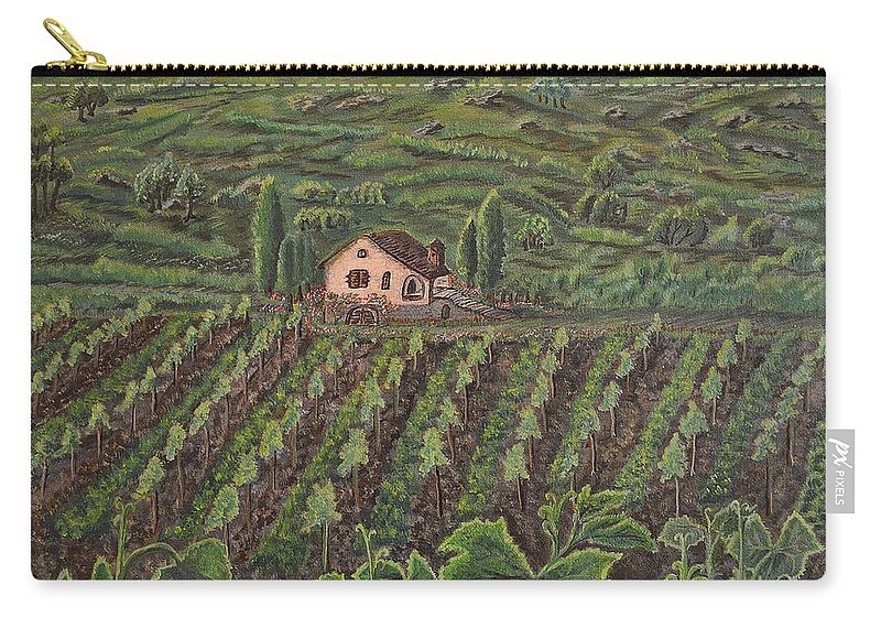 Spire-like Lombardy Cypress Trees Zip Pouch featuring the painting Vineyard in Neuchatel by Felicia Tica