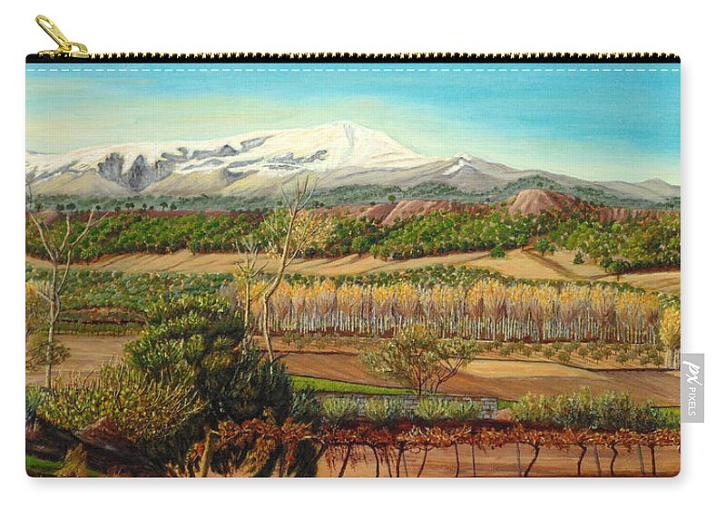 Pines Zip Pouch featuring the painting Vineyard Valley In The Sierra Nevada Surroundings by Angeles M Pomata