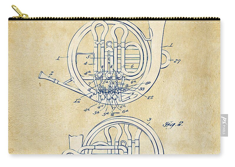 French Horn Zip Pouch featuring the digital art Vintage 1914 French Horn Patent Artwork by Nikki Marie Smith