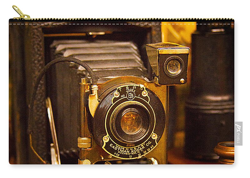 Antique Vintage Eastman Kodak Folding Camera Fine Art Photography Print Zip Pouch featuring the photograph Vintage Eastman Kodak Folding Camera by Jerry Cowart