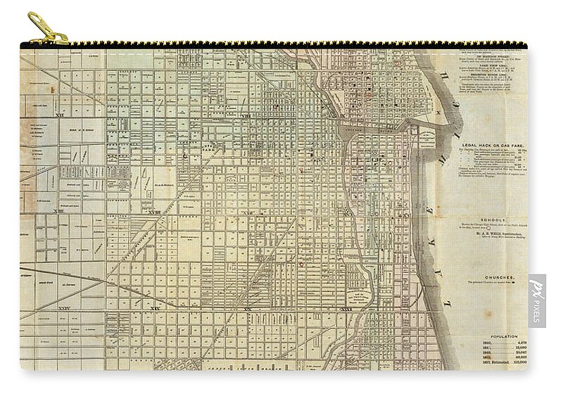 Vintage Carry-all Pouch featuring the photograph Vintage Map of Chicago - 1857 by Georgia Fowler