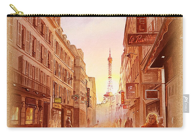 Vintage Zip Pouch featuring the painting Vintage Paris Street Eiffel Tower View by Irina Sztukowski