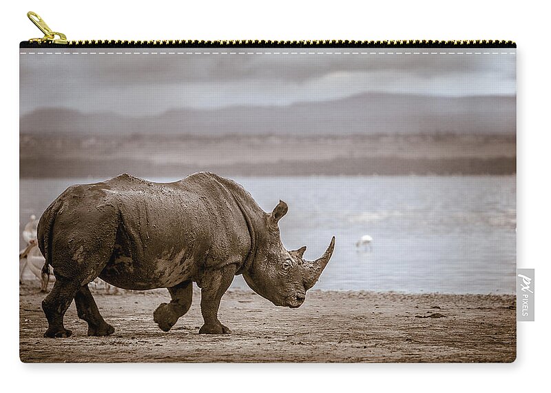 #faatoppicks Zip Pouch featuring the photograph Vintage Rhino On The Shore by Mike Gaudaur