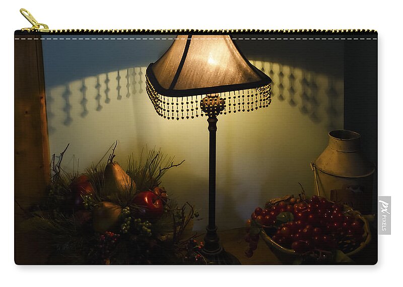 Vintage Still Life And Lamp Zip Pouch featuring the photograph Vintage Still Life and Lamp by Greg Reed