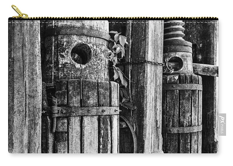 Wine Press Zip Pouch featuring the photograph Vintage Wine Press BW by James Eddy