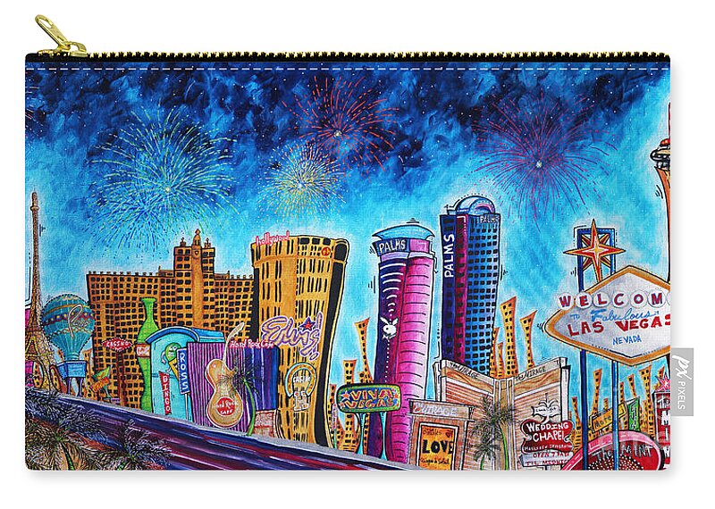 Vegas Zip Pouch featuring the painting Viva Las Vegas a Fun and Funky PoP Art Painting of the Vegas Skyline and Sign by Megan Duncanson by Megan Aroon