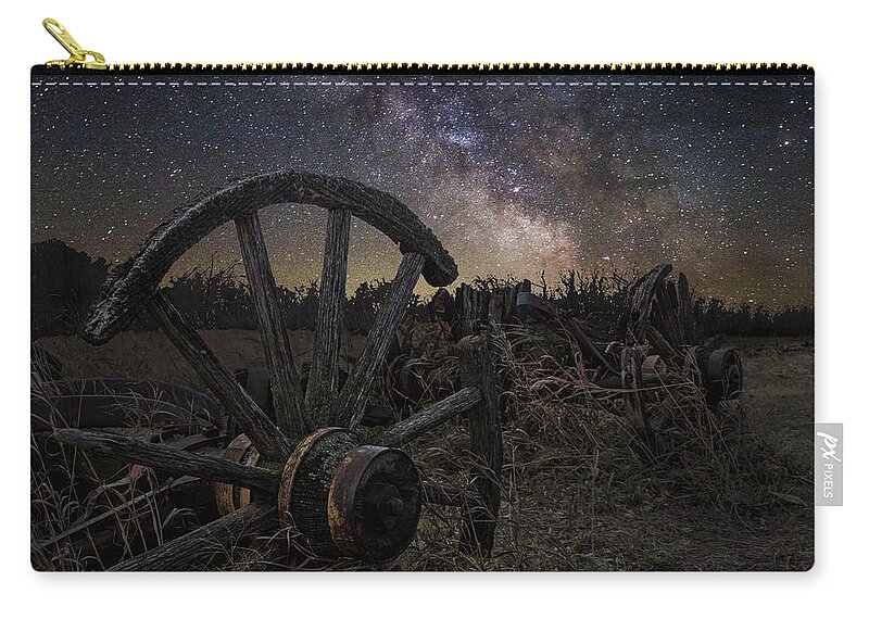 Wagon Decay And Milky Way Zip Pouch featuring the photograph Wagon Decay by Aaron J Groen