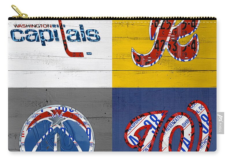 Washington Zip Pouch featuring the mixed media Washington DC Sports Fan Recycled Vintage License Plate Art Capitals Redskins Wizards Nationals by Design Turnpike