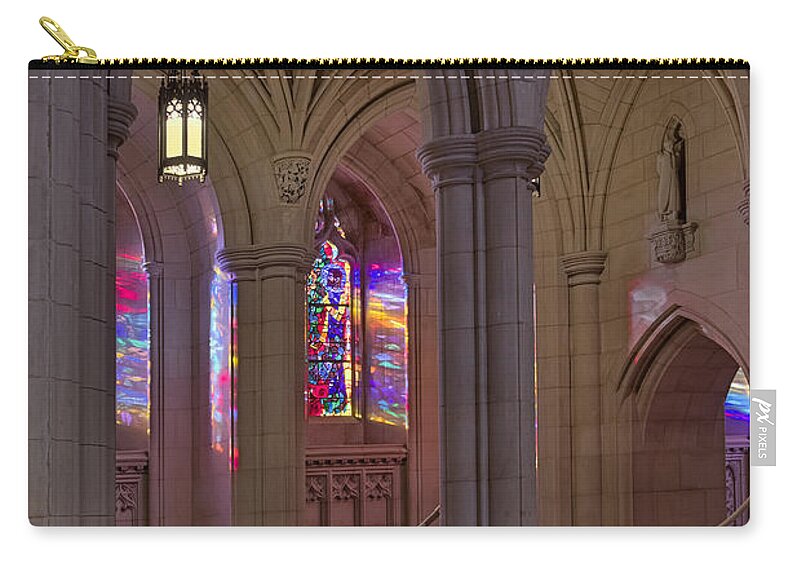 Washington Cathedral Zip Pouch featuring the photograph Washington National Cathedral Stained Glass Colors by Susan Candelario