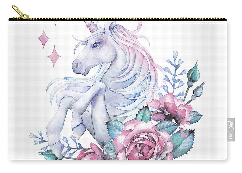 Horse Zip Pouch featuring the digital art Watercolor Design With Unicorn And Rose by Homunkulus28