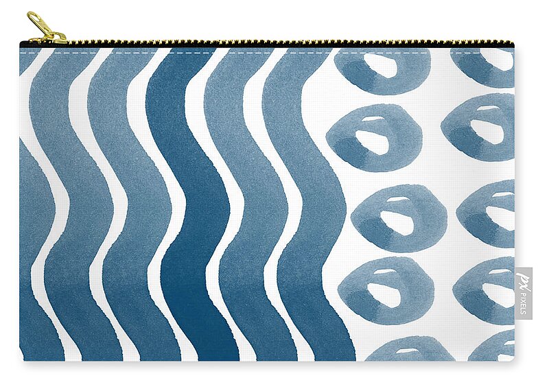 Watercolor Zip Pouch featuring the painting Waves and Pebbles- Abstract watercolor in indigo and white by Linda Woods