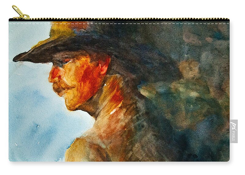 Cowboy Art Zip Pouch featuring the painting Weathered Cowboy by Jani Freimann
