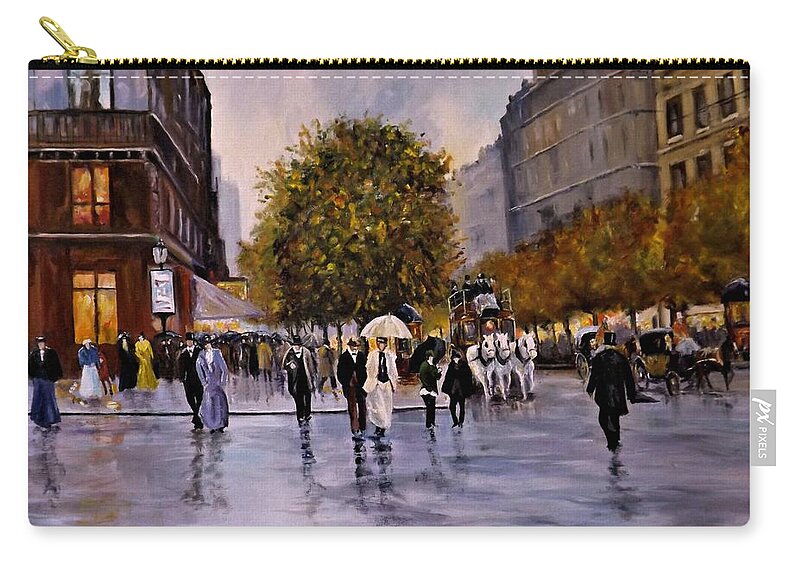 Street Scene Zip Pouch featuring the painting Wet Afternoon On The Boulevard by Barry BLAKE
