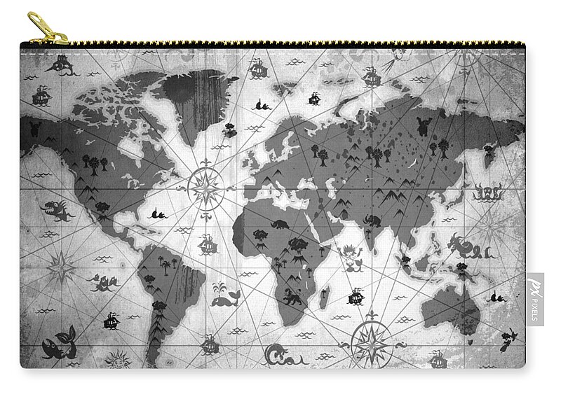 Texture Zip Pouch featuring the mixed media Whimsical World Map BW by Angelina Tamez