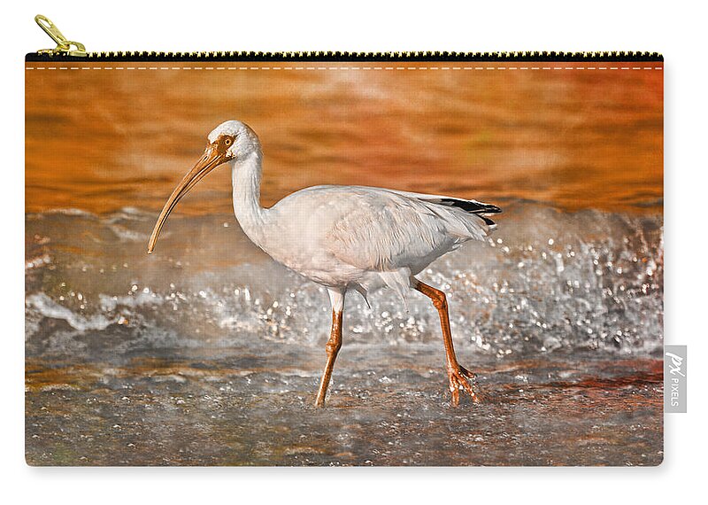 White Zip Pouch featuring the photograph White Ibis Stroll by Betsy Knapp