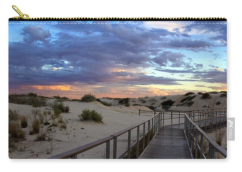 White Sands Zip Pouch featuring the photograph White Sands Boardwalk at Sunset by Diana Powell