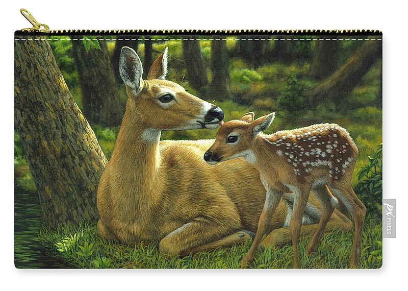 Deer Zip Pouch featuring the painting Whitetail Deer - First Spring by Crista Forest