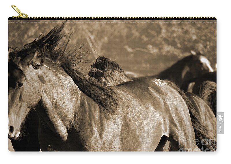 Rtf Ranch Zip Pouch featuring the photograph Wild Horse Stampede Sepia by Heather Kirk
