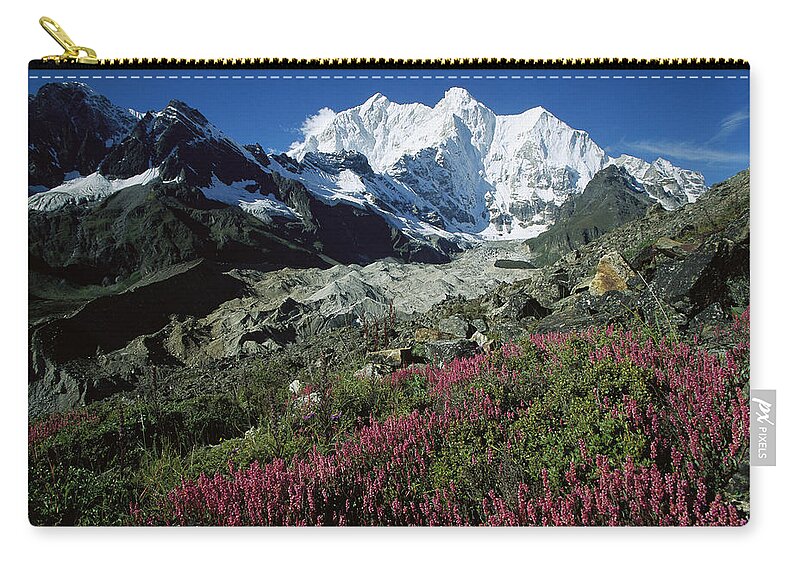 Feb0514 Carry-all Pouch featuring the photograph Wildflowers And Kangshung Glacier by Colin Monteath