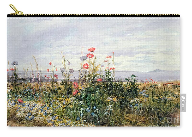 Meadow; Flowers; Irish; Wild; Landscape; Poppies Zip Pouch featuring the painting Wildflowers with a View of Dublin Dunleary by A Nicholl