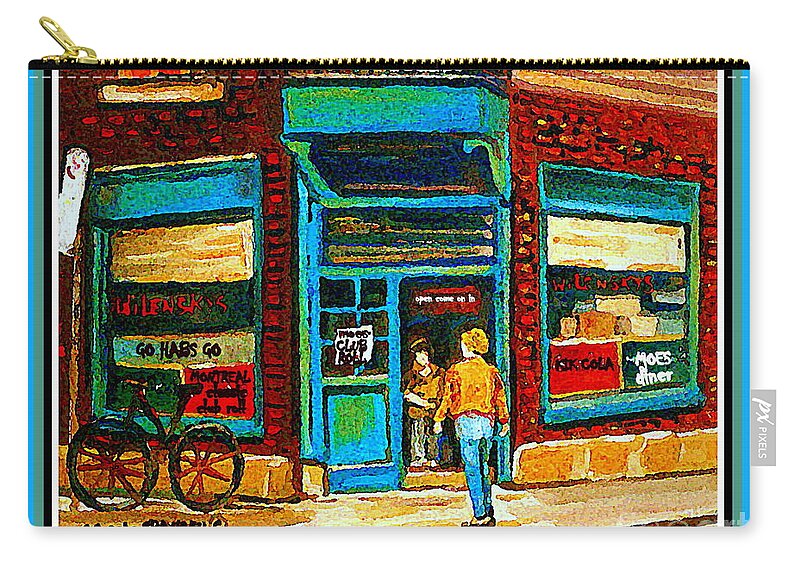 Montreal Zip Pouch featuring the painting Wilenskys Art Famous Blue Door Posters Prints Cards Originals Commission Montreal Painting Cspandau by Carole Spandau