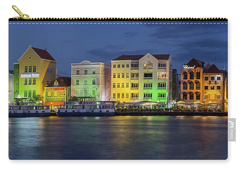 3scape Zip Pouch featuring the photograph Willemstad Curacao at Night Panoramic by Adam Romanowicz