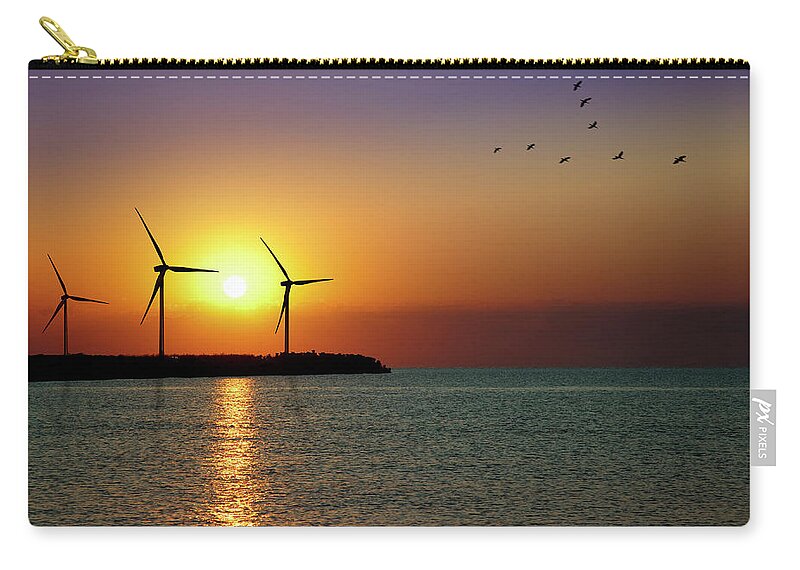 Water's Edge Zip Pouch featuring the photograph Wind Turbine Farm In Sunset by Mariusfm77