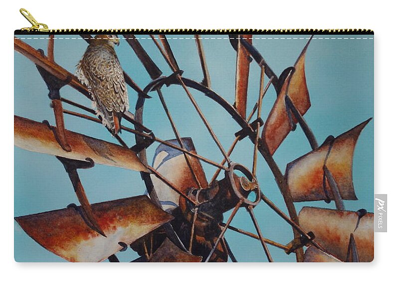 Windmill Zip Pouch featuring the painting Windmill and Hawk by Greg and Linda Halom
