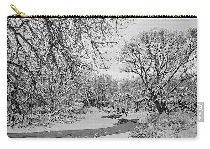 Winter Zip Pouch featuring the photograph Winter Creek in Black and White by James BO Insogna
