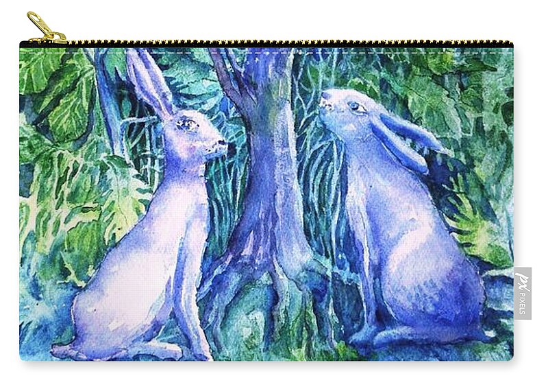 Winter Zip Pouch featuring the painting Winter Descends as Two Hares Contemplate an Owl by Moonlight by Trudi Doyle