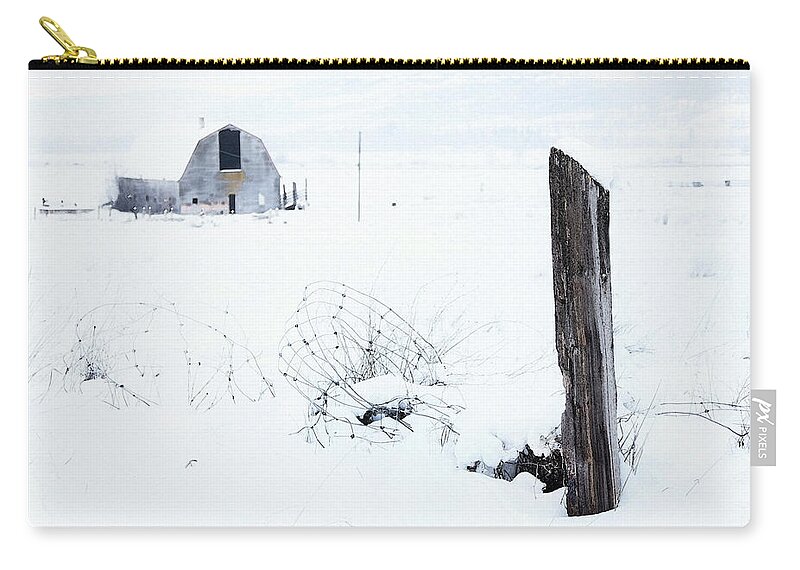 Fence Zip Pouch featuring the photograph Winter Fence With Barn by Theresa Tahara