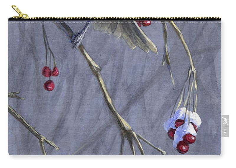 Chickadee Zip Pouch featuring the painting Winter Harvest 1 Chickadee Painting by K Whitworth