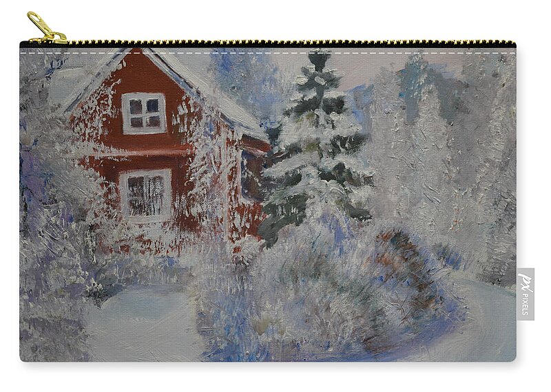 Raija Merila Zip Pouch featuring the painting Winter in Finland by Raija Merila
