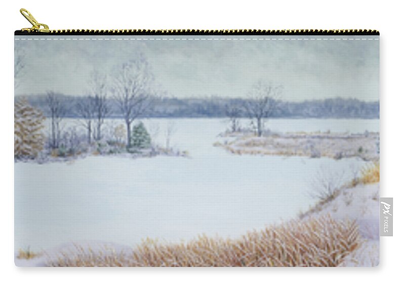 Panorama Zip Pouch featuring the painting Winter Lake and Cedars by Garry McMichael