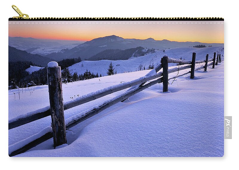 Scenics Zip Pouch featuring the photograph Winter Landscape With Old Fence Covered by Rezus