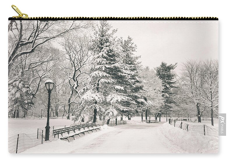 Winter Zip Pouch featuring the photograph Winter Path - Snow Covered Trees in Central Park by Vivienne Gucwa