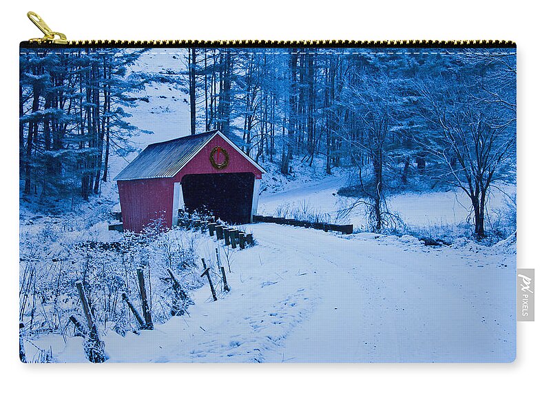 Vermont Covered Bridge Zip Pouch featuring the photograph winter Vermont covered bridge by Jeff Folger